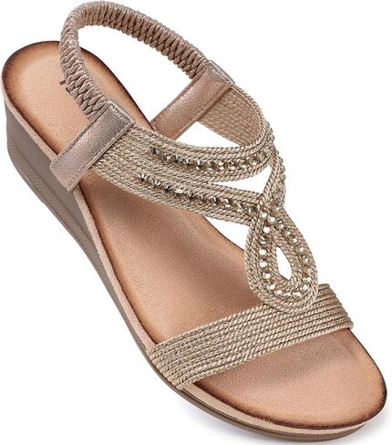 TEMOFON Wedge Sandals for Women Dressy: Low Wedge Sandals Women Comfortable Dressy Walking - Summer Casual Elastic Strappy Open Toe Rhinestone Shoes in Saudi Arabia