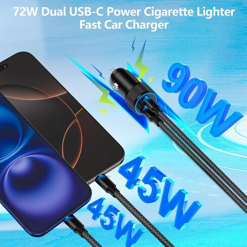 [معتمد من Apple MFi] شاحن سيارة سريع iPhone 15، Linocell 75W USB-C PD/QC شاحن USB ولاعة السجائر في السيارة + كابل ملفوف من النوع C بطول 6 أقدام لهاتف iPhone 15 15 Pro iPad Pro، Galaxy S24 S23، Pixel، Android in Kuwait