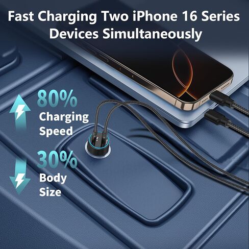 [معتمد من Apple MFi] شاحن سيارة سريع iPhone 15، Linocell 75W USB-C PD/QC شاحن USB ولاعة السجائر في السيارة + كابل ملفوف من النوع C بطول 6 أقدام لهاتف iPhone 15 15 Pro iPad Pro، Galaxy S24 S23، Pixel، Android in Kuwait