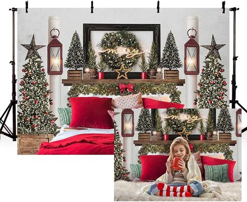 MEHOFOND 7x5ft Red Christmas Headboard Bed Backdrop Kids Portrait Photography Winter Holiday Family Picture Photoshoot Merry Xmas Tree Photo Background Party Decor Banner in Saudi Arabia