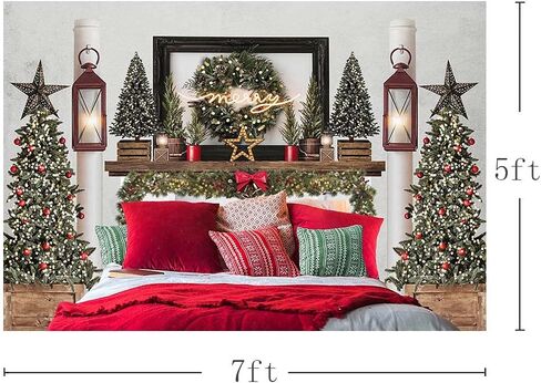 MEHOFOND 7x5ft Red Christmas Headboard Bed Backdrop Kids Portrait Photography Winter Holiday Family Picture Photoshoot Merry Xmas Tree Photo Background Party Decor Banner in Saudi Arabia