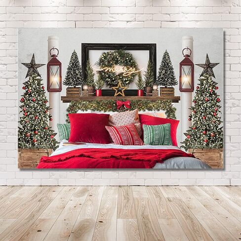 MEHOFOND 7x5ft Red Christmas Headboard Bed Backdrop Kids Portrait Photography Winter Holiday Family Picture Photoshoot Merry Xmas Tree Photo Background Party Decor Banner in Saudi Arabia