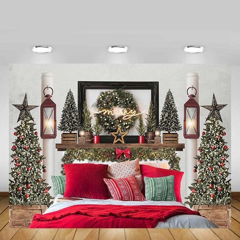 MEHOFOND 7x5ft Red Christmas Headboard Bed Backdrop Kids Portrait Photography Winter Holiday Family Picture Photoshoot Merry Xmas Tree Photo Background Party Decor Banner in Saudi Arabia