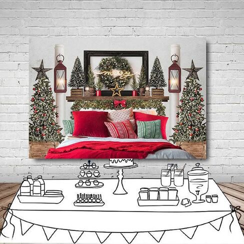 MEHOFOND 7x5ft Red Christmas Headboard Bed Backdrop Kids Portrait Photography Winter Holiday Family Picture Photoshoot Merry Xmas Tree Photo Background Party Decor Banner in Saudi Arabia