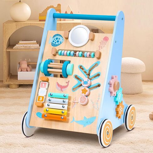 Wooden Baby Walker with Ocean Elements, Baby Push Walker with Multiple Activities Center, Baby Walker for 1 Year Old Push Toy, Blue in Saudi Arabia