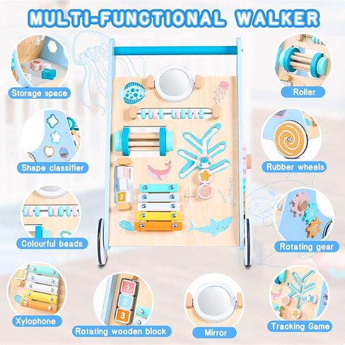 Wooden Baby Walker with Ocean Elements, Baby Push Walker with Multiple Activities Center, Baby Walker for 1 Year Old Push Toy, Blue in Saudi Arabia