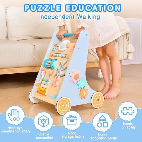 Wooden Baby Walker with Ocean Elements, Baby Push Walker with Multiple Activities Center, Baby Walker for 1 Year Old Push Toy, Blue in Saudi Arabia