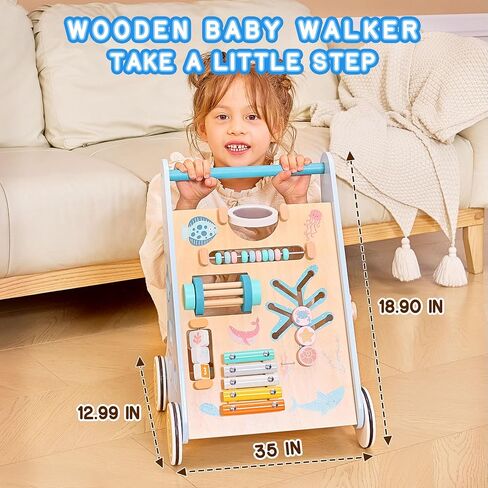 Wooden Baby Walker with Ocean Elements, Baby Push Walker with Multiple Activities Center, Baby Walker for 1 Year Old Push Toy, Blue in Saudi Arabia
