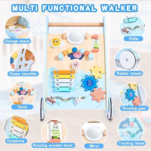 Wooden Baby Walker with Ocean Elements, Baby Push Walker with Multiple Activities Center, Baby Walker for 1 Year Old Push Toy, Blue in Saudi Arabia