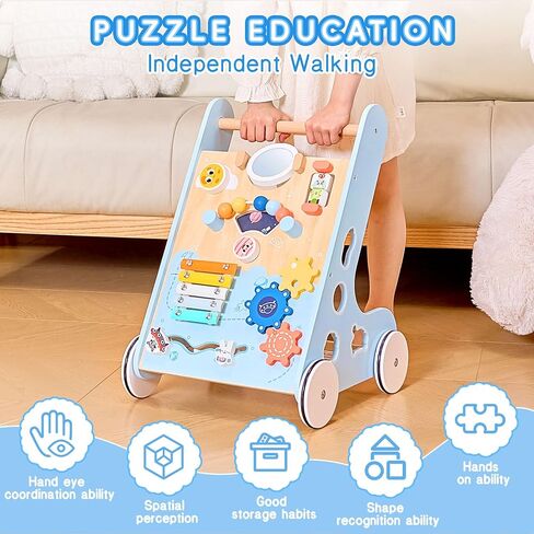 Wooden Baby Walker with Ocean Elements, Baby Push Walker with Multiple Activities Center, Baby Walker for 1 Year Old Push Toy, Blue in Saudi Arabia