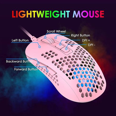 383 Ultralight Wired Gaming Mouse, Lightweight Honeycomb Shell, 4 RGB Breathing Backlit Mice, 4 Adjustable DPI, USB Optical Mice, Kids and Teen Girl Birthday Gifts, for Mac/Air/HP/Acer (Pink) in Saudi Arabia