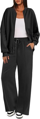 طقم ملابس للسيدات من Bloggerlove مكون من قطعتين وأكمام طويلة مع سحاب وسراويل رياضية واسعة الساق بدلة رياضية مناسبة للخريف in Kuwait