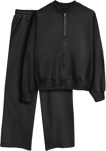 طقم ملابس للسيدات من Bloggerlove مكون من قطعتين وأكمام طويلة مع سحاب وسراويل رياضية واسعة الساق بدلة رياضية مناسبة للخريف in Kuwait