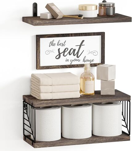 Fixwal Bathroom Floating Shelves for Wall Decor Over Toilet with Wooden Storage Basket Bathroom Pictures for Wall Decor - Black in Saudi Arabia