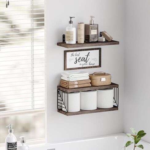 Fixwal Bathroom Floating Shelves for Wall Decor Over Toilet with Wooden Storage Basket Bathroom Pictures for Wall Decor - Black in Saudi Arabia