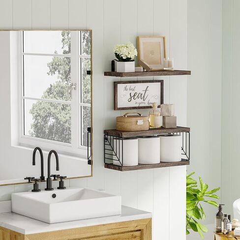 Fixwal Bathroom Floating Shelves for Wall Decor Over Toilet with Wooden Storage Basket Bathroom Pictures for Wall Decor - Black in Saudi Arabia