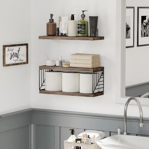 Fixwal Bathroom Floating Shelves for Wall Decor Over Toilet with Wooden Storage Basket Bathroom Pictures for Wall Decor - Black in Saudi Arabia