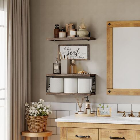 Fixwal Bathroom Floating Shelves for Wall Decor Over Toilet with Wooden Storage Basket Bathroom Pictures for Wall Decor - Black in Saudi Arabia