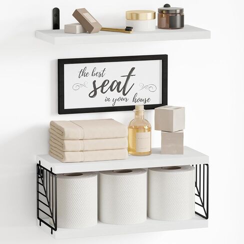 أرفف الحمام العائمة من Fixwal لتزيين الحائط فوق المرحاض مع سلة تخزين خشبية، صور الحمام لديكور الحائط - أسود in Kuwait