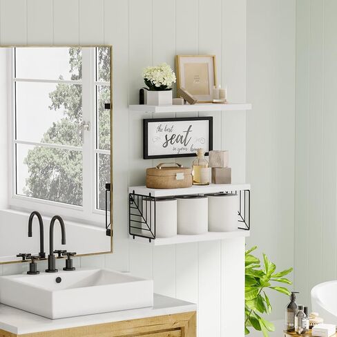 أرفف الحمام العائمة من Fixwal لتزيين الحائط فوق المرحاض مع سلة تخزين خشبية، صور الحمام لديكور الحائط - أسود in Kuwait