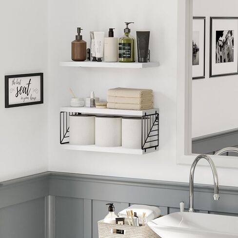 أرفف الحمام العائمة من Fixwal لتزيين الحائط فوق المرحاض مع سلة تخزين خشبية، صور الحمام لديكور الحائط - أسود in Kuwait