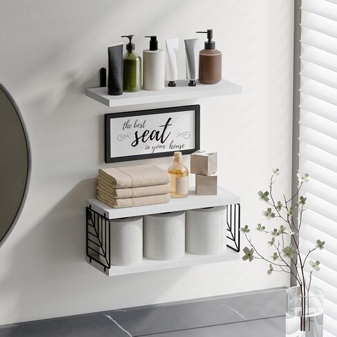 أرفف الحمام العائمة من Fixwal لتزيين الحائط فوق المرحاض مع سلة تخزين خشبية، صور الحمام لديكور الحائط - أسود in Kuwait