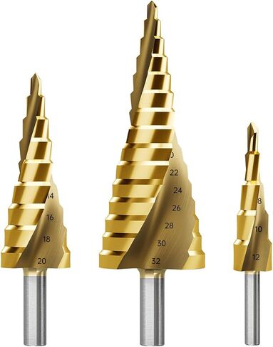 Step Drill Bit Set, 3Pcs Titanium Step Drill Bits, Metric 4mm to 32mm High Speed Steel Drill Cone Bits for Metal, Wood, PVC Hole Drilling Cutting, 6mm to 10mm Shank 2 Spiral Flute Step Drill Bit in Saudi Arabia