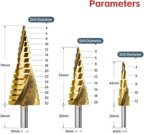 Step Drill Bit Set, 3Pcs Titanium Step Drill Bits, Metric 4mm to 32mm High Speed Steel Drill Cone Bits for Metal, Wood, PVC Hole Drilling Cutting, 6mm to 10mm Shank 2 Spiral Flute Step Drill Bit in Saudi Arabia
