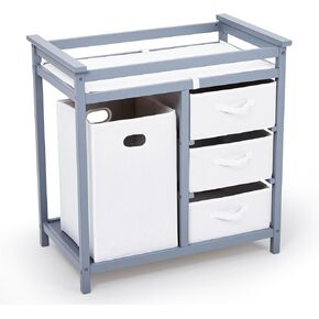 Wooden Baby Changing Table, Diaper Changing Table, Infant Diaper Changing Station Dresser with Laundry Hamper, 3 Drawer Basket and Changing Pad