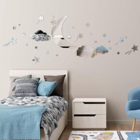 Moon Clouds Stars Acrylic Mirror Wall Stickers 3D Removable Moon and Stars Wall Decal DIY Home Art Decor Wall Sticker for Kids Boys and Girls Living Room Bathroom Bedroom Nursery Decor