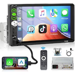 Podofo CarPlay Single Din Car Stereo with 7" Touch Screen Audio Systems Receiver with Android Auto Bluetooth 5.1 HD Backup Camera Mirror Link FM Radio AUX USB Charging Mic