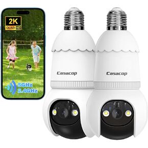 2PCS Light Bulb Security Camera - 2K 360° Motion Detection Cameras, 5G& 2.4GHz Wireless Outdoor Audible Alarm Color Night Vision Security Cameras, Compatible with Alexa