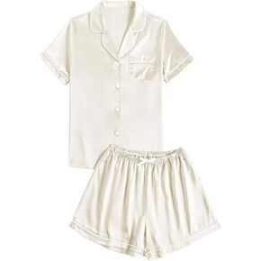 LYANER Women's Satin Pajamas Sets Short Sleeve Button Shirt Silky Sleepwear With Shorts PJs