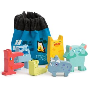 Tender Leaf Toys - Monster Stacker - Early Development Wooden Stacking Toy for Toddlers with Free Drawstring Bag - Convenience for Storage and Travel Play for Kids - Age 3+