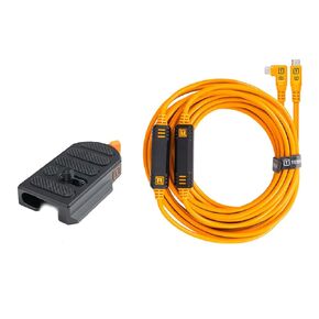 Tether Tools TetherGuard LeverLock Tripod Plate for Camera Port Protection Cable Management & TetherPro USB-C to USB-C, 31' (9.4m), Straight to Right Angle Cable (Orange) Bundle