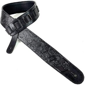 Walker & Williams LIP-30 Black Sand Premium Carving Leather Top Guitar Strap With Full Length Tooled Paisley Design For Acoustic, Electric, And Bass Guitars