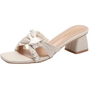 Women'S Pearl Bow Square Open Toe Mid Chunky Heel walking Slide Sandals Slip On Fashion Elegant Comfort Low Block Heel Mule Sandals Wedding Party DressHeel Backless Sandal Shoes
