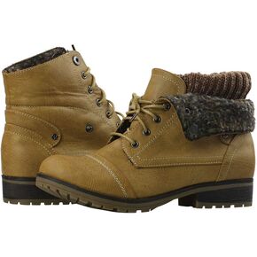 Women’s Knitted Cuff Ankle Booties Lace up Combat Boots Folded Collar Stylish Snow Boots Hiking Shoes