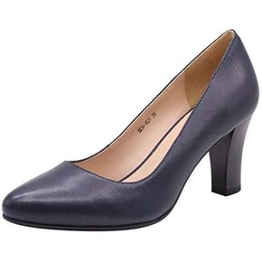 Women's Soft Goatskin Genuine Leather Pumps Slender Block Heel Closed Almond Toe Dress Shoes Navy Blue Size 8.5