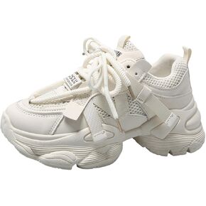 Womens Leather Platform Chunky Heels Sneakers Casual Breathable Lace Up Walking Dad Shoes Comfortable Fashion Sneakers