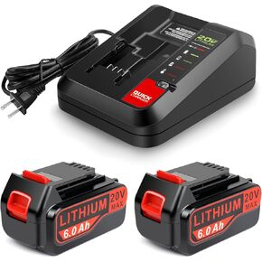 2-Pack 6.0Ah 20V Lithium Battery LBX4020 Compatible with Black and Decker and 20V Battery Charger