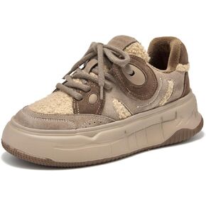 BEAU TODAY Winter Platform Sneakers for Women, Warm Fur Lined Fashion Chunky Sneakers for Women, Comfortable Suede Leather Sneakers, Casual Dressy Lace-up Anti-Slip Outdoor Walking Shoes