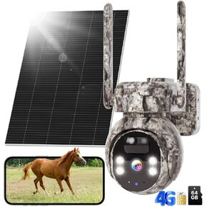 Hiseeu 4G Camera, 4G Cellular Game Cameras, No WiFi Security Camera, Solar Trail Cam Wireless Outdoor, 2k Color Night Vision, Without WiFi Need, 64G SD & 300MB SIM Card Included (4G Camo-Summer)