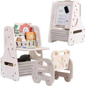 Tiita Kids Table and Chair Set, 3 in 1 Convertible Art Easel & Display Bookshelf w/Magnetic Painting Board, Bottom Storage Shelf, Standing Easel with Chairs, Grey