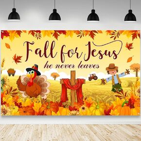 Fall in Love with Jesus Backdrop Fall Christian Photography Background Sunflower Pumpkin Cross Maple Faith Religious Decorations Banner Photo Studio Props 70.8 x 43.3 inch