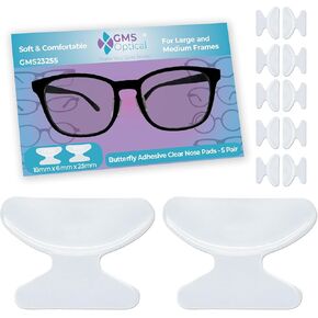 GMS Optical 1.8mm Reg Thin / 18mm Long Length - Butterfly Shape Anti-Slip Adhesive Silicone Eyeglass Nose Pads, Non-Slip Nose Pads for Glasses, for Sunglass Nose Pads Replacement - 5 Pair Clear