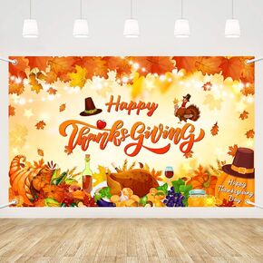 MEHOFOND Thanksgiving Decorations, Happy Thanksgiving Banner Backdrop, Fall Pumpkin Turkey Background Party Supplies Farm Harvest Event Banner Decoration Photo Booth Props 5.9x3.7ft