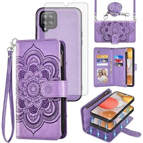 حافظة هاتف Asuwish لهاتف Samsung Galaxy A42 5G مزودة بسحاب وغطاء خلوي قابل للفصل مع واقي شاشة من الزجاج المقسى وحزام كروس وفتحة بطاقة زهرة A 42 G5 42A S42 4G 2021 للنساء والفتيات باللون الرمادي in Kuwait