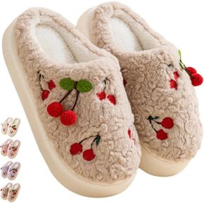 Cherry Slippers for Women Indoor Comfy Winter Warm House Slides Shoes Cute Womens Slippers Fuzzy Plush Slippers Soft Thick Soled Slippers Non Slip Cozy Home Bedroom Slippers