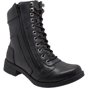 RIDETECS Women's 8" Side Zipper Leather Motorcycle, Black | Lace Up Outdoor Casual Stylish Biker Boot with Comfort Cushioned Insole
